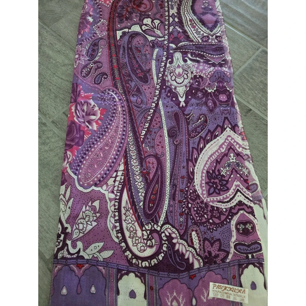 Pashmina Silk Blend Paisley Floral Scarf Purple Magenta Fringe Shawl Wrap